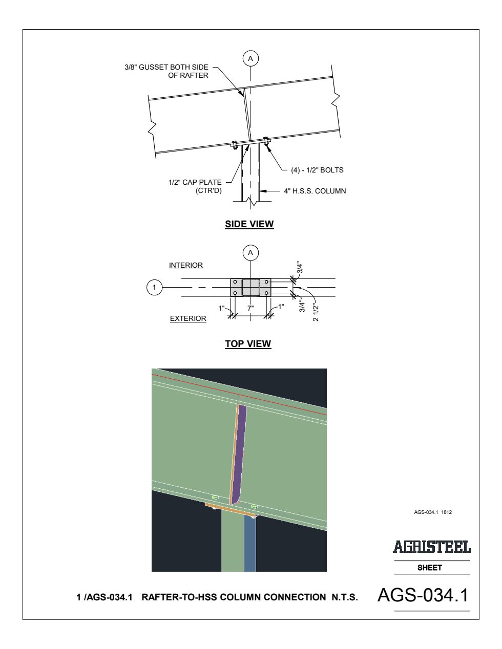 AGS-034.1 — rafter to 4″ HSS, cap plate, gussets, (4) ½″ bolts.