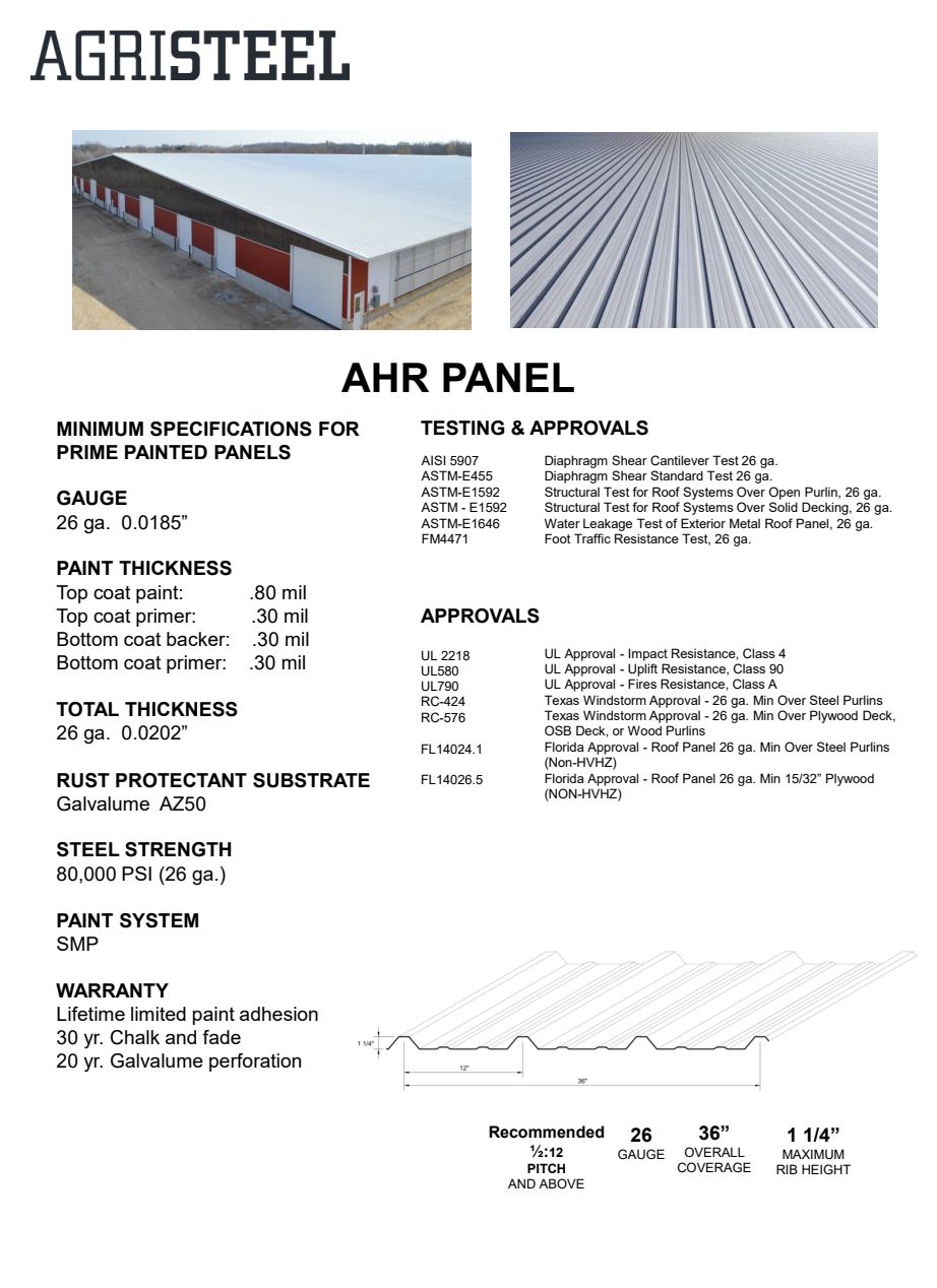 AHR panel spec: 36″ coverage, 1¼″ rib at 12″ o.c., 26 ga, ½:12 minimum pitch.