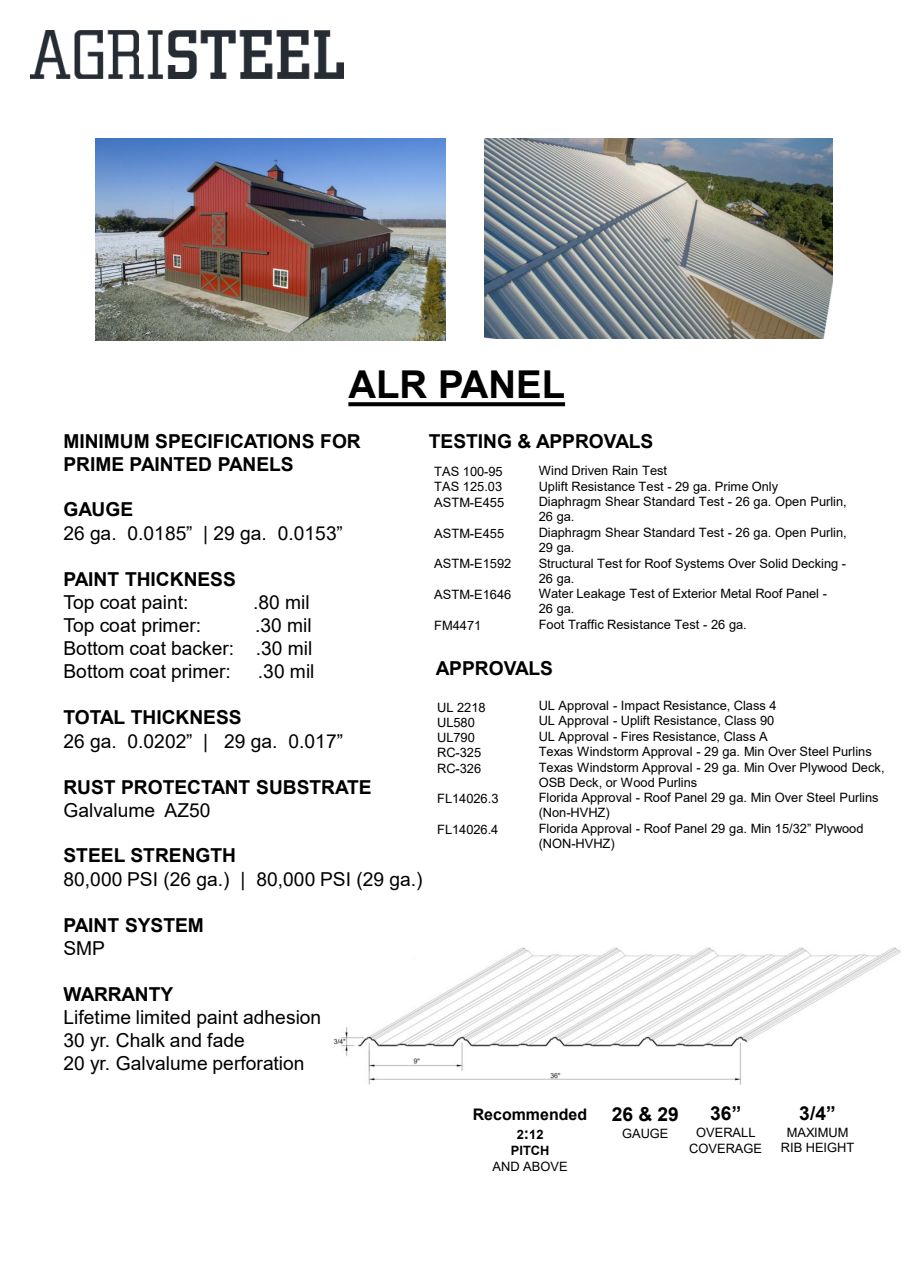 ALR panel spec: 36″ coverage, ¾″ rib at 9″ o.c., 26 or 29 ga, 2:12 minimum pitch.