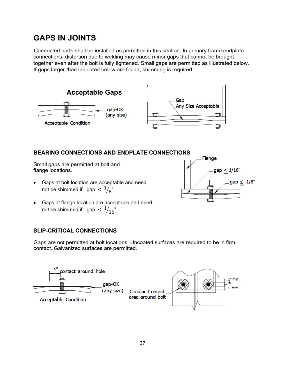 Acceptable gaps in bearing and end-plate connections at the bolt, at the flange, and away from both.