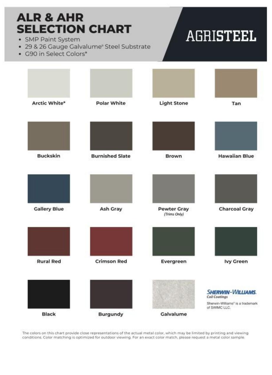 ALR and AHR color chart: Arctic White, Polar White, Light Stone, Tan, Buckskin, Burnished Slate, Brown, Hawaiian Blue, Gallery Blue, Ash Gray, Pewter Gray, Charcoal Gray, Rural Red, Crimson Red, Evergreen, Ivy Green, Black, Burgundy, Galvalume.
