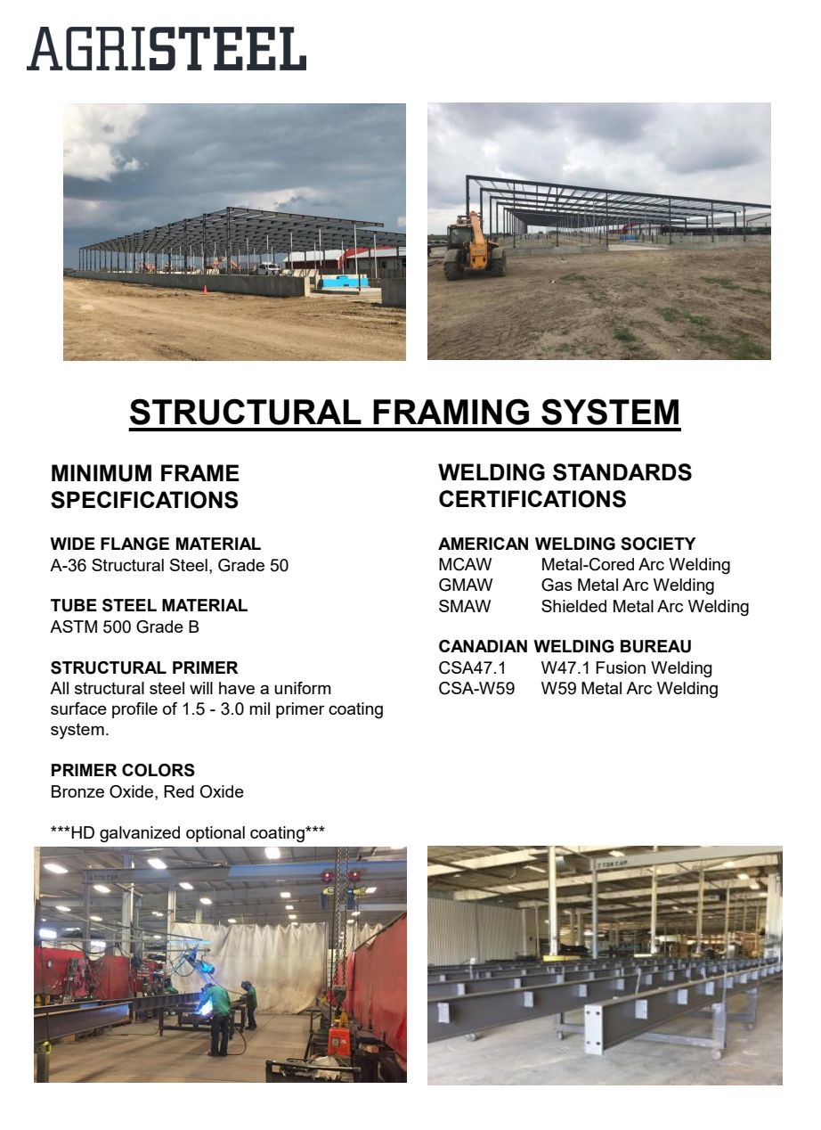 Jobsite frames standing, and shop photos of welding and finished primary members.