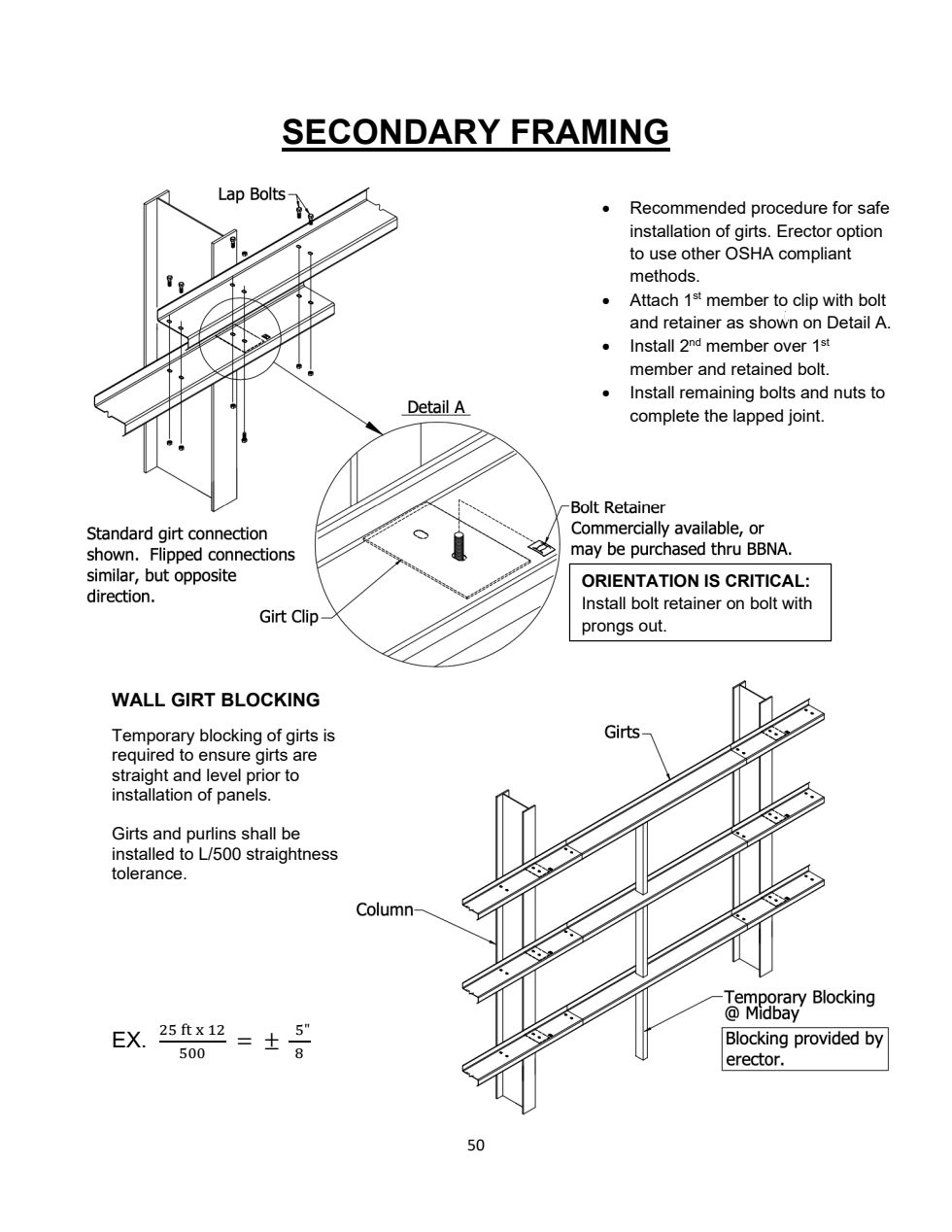 Girt lap with bolt retainer, prongs out, and midbay wall-girt blocking.