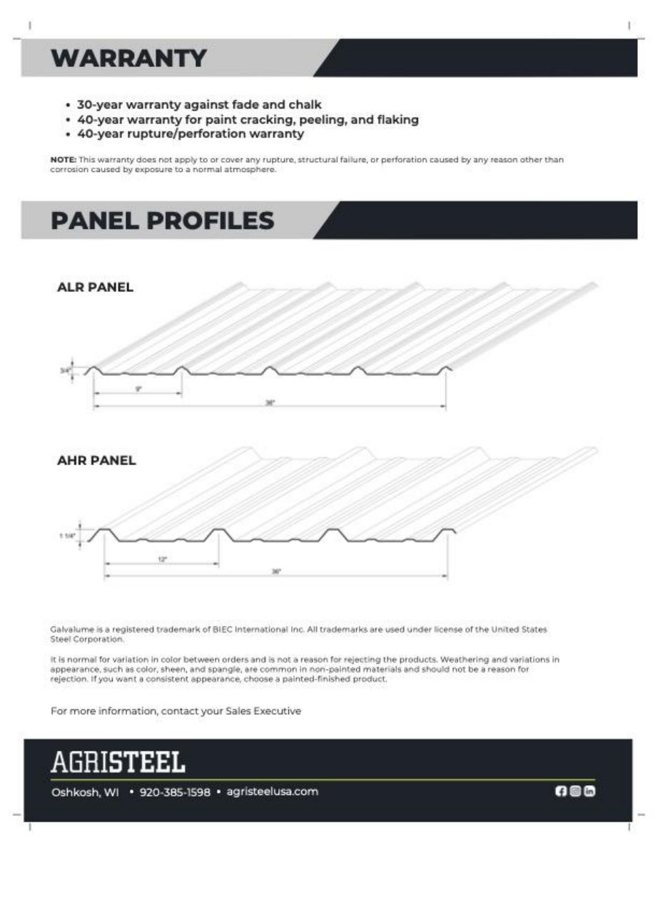 ALR and AHR panel profiles, 36″ coverage, with finish-warranty notes.