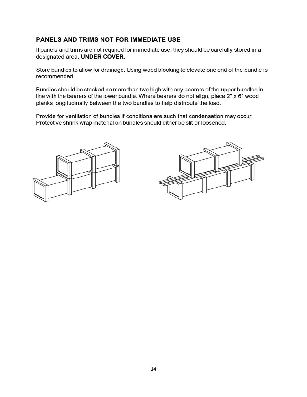 Panel bundles stacked no more than two high, bearers aligned, or with 2×6 planks between misaligned bearers.