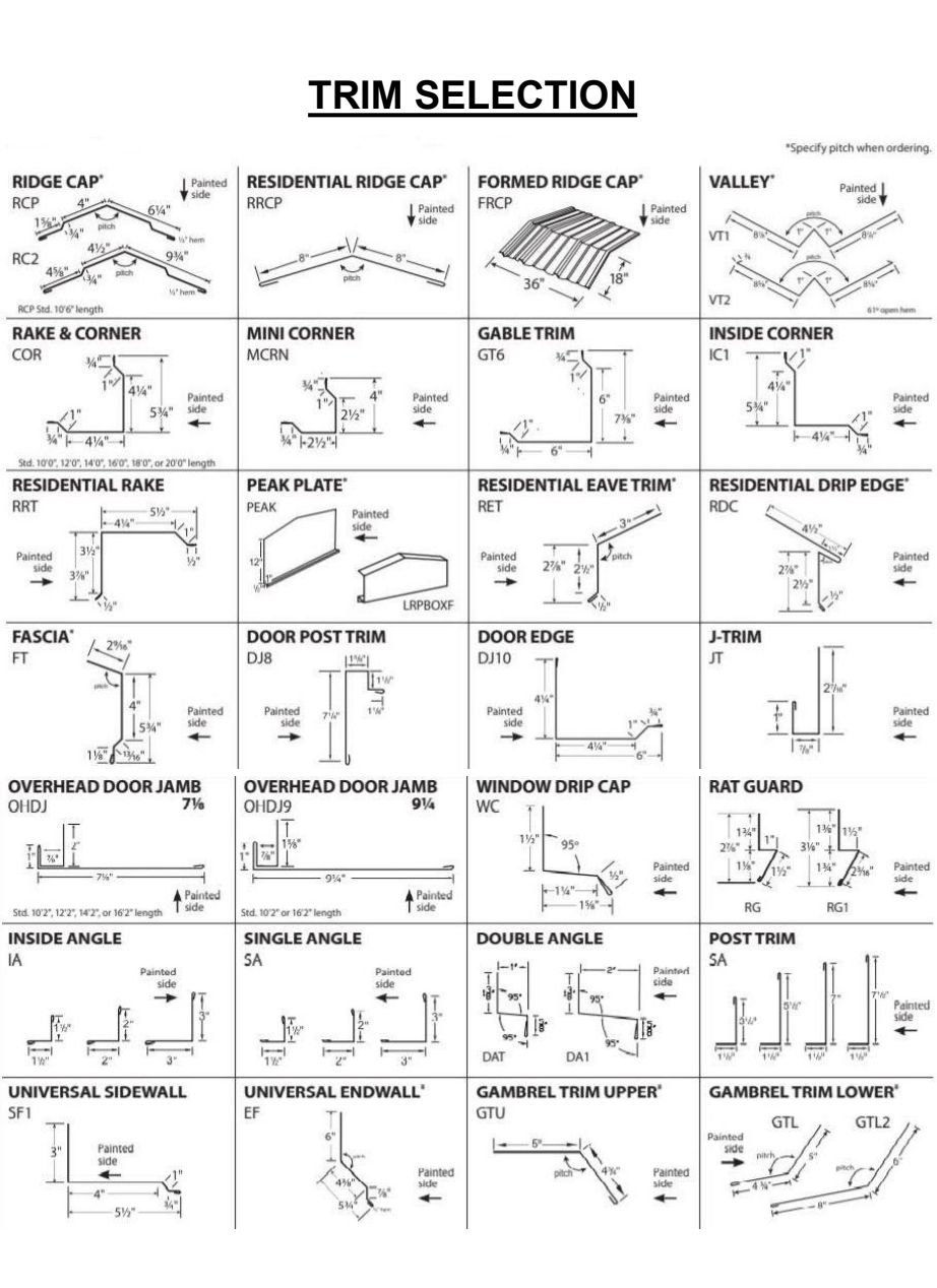 Trim catalog: eave, rake, ridge, J-channel, base, and corner profiles.